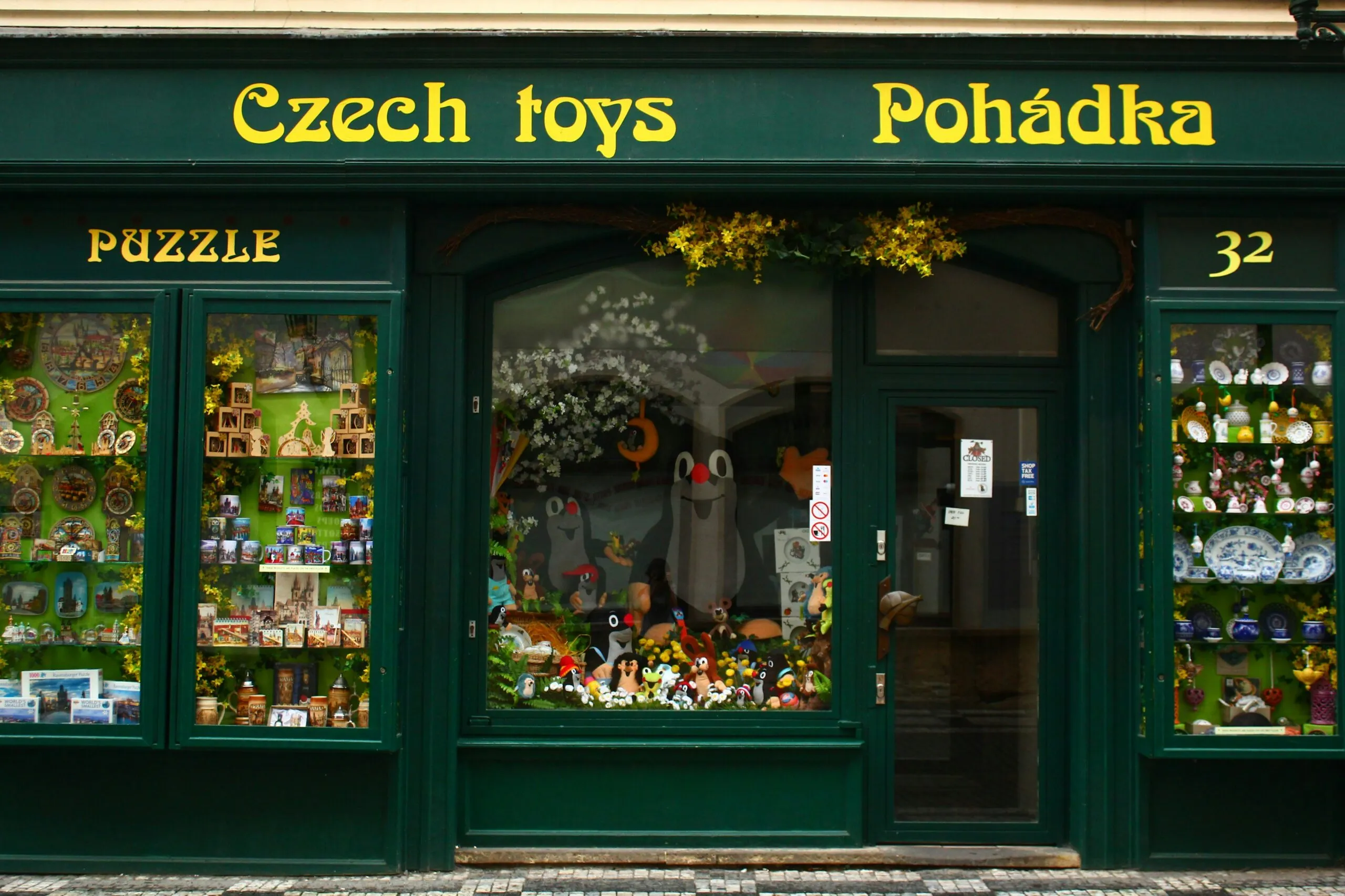 Czech toys and puzzles shop storefront display