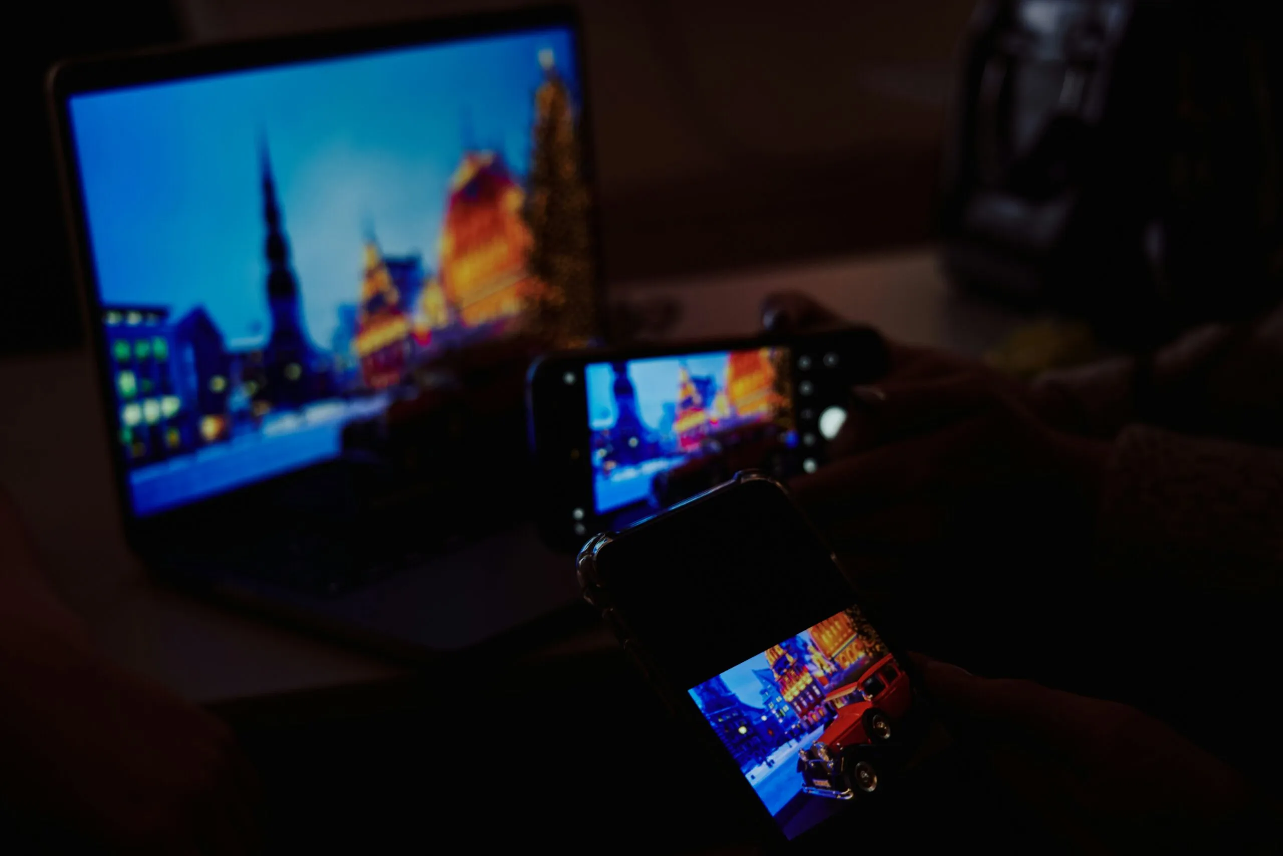 a room with a couple of screens