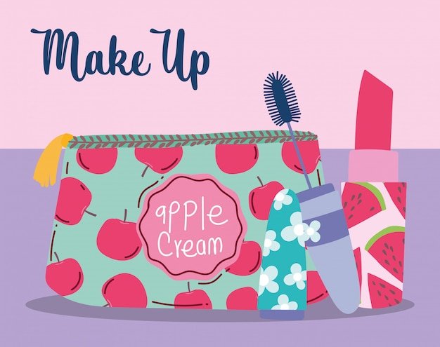 Makeup cosmetics product fashion beauty cosmetic bag lipstick and mascara illustration