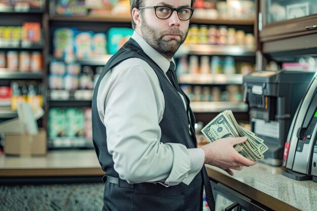 A male employee stealing cash at the checkout in a store A cashier at the checkout in a retail store
