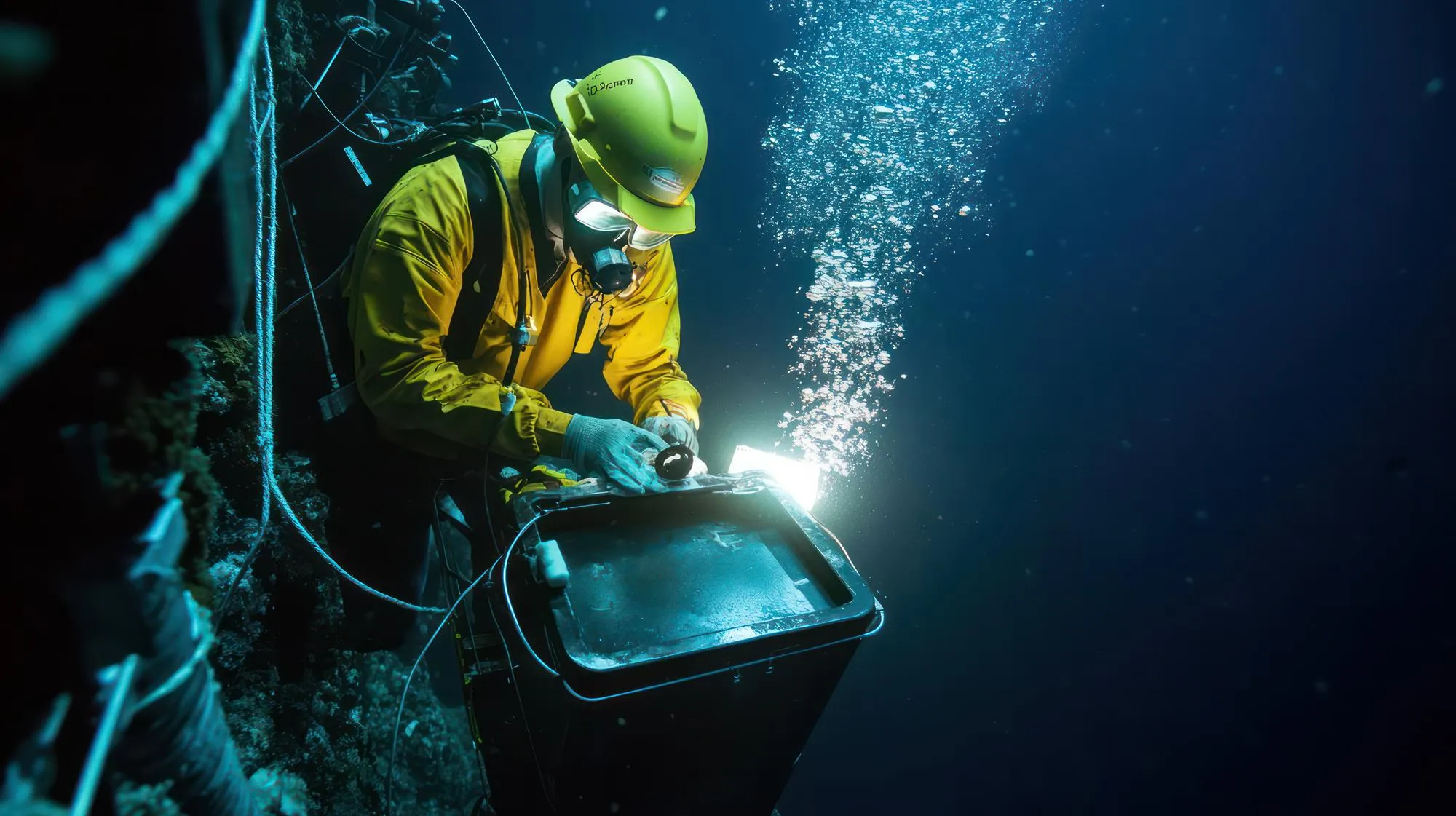 Marine scientists working on pollution control solutions in the deep ocean surrounded by delicate ecosystems