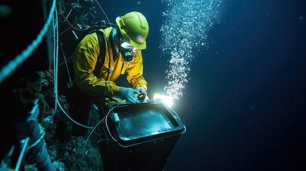 Marine scientists working on pollution control solutions in the deep ocean surrounded by delicate ecosystems