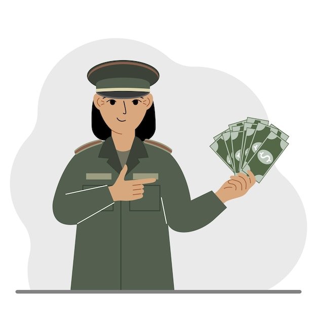 Military woman holds a lot of money in his hand The concept of payment for military service or service in the army under a contract