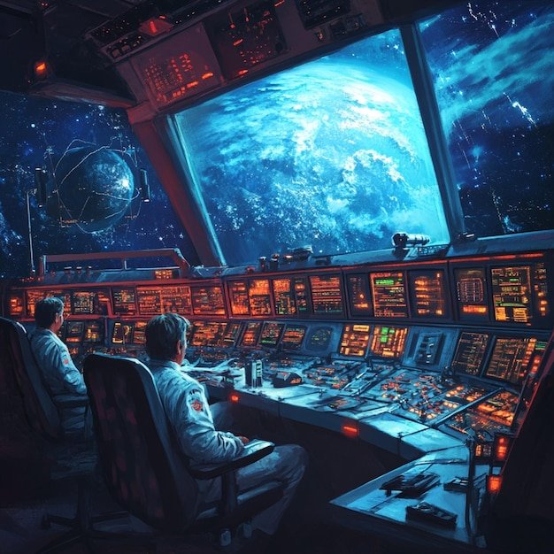 A mission control center with teams monitoring a deep space mission