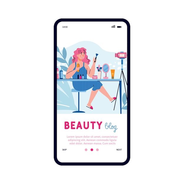 Mobile phone screen with a female beauty blogger a vector flat illustration