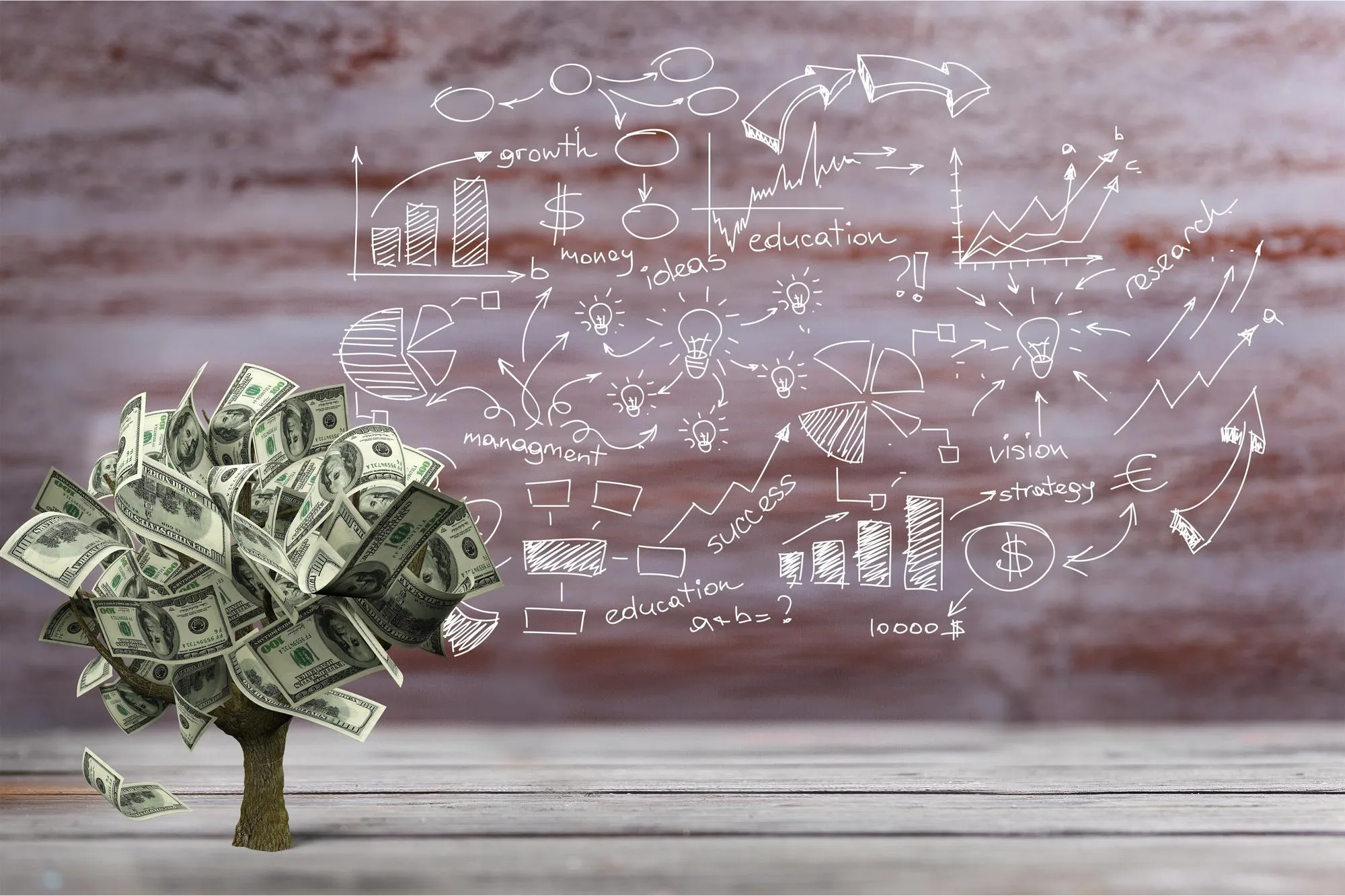 Money Tree with dollars over chalk drawn symbols of growth and finance