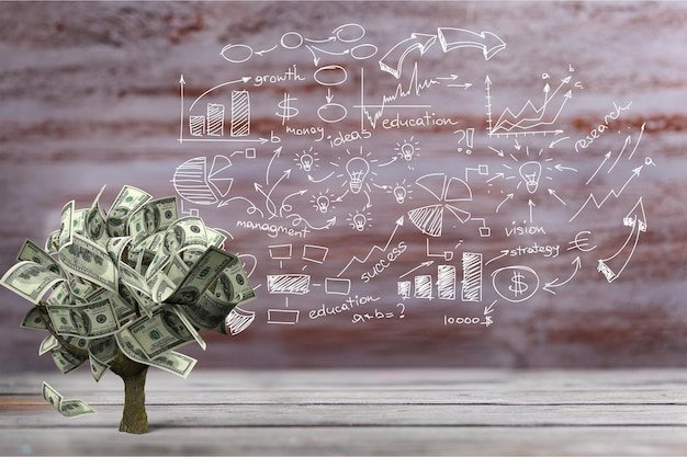 Money Tree with dollars over chalk drawn symbols of growth and finance