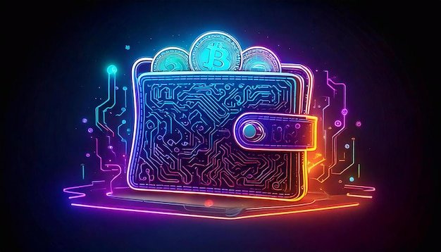 A neoncolored crypto wallet features digital currency symbols and circuit patterns