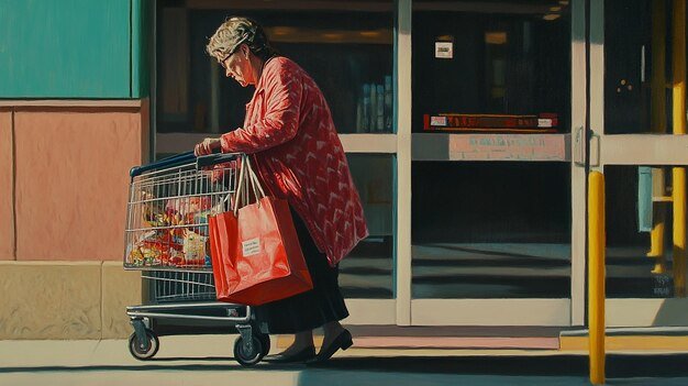 an older woman is pushing a shopping cart with a shopping bag