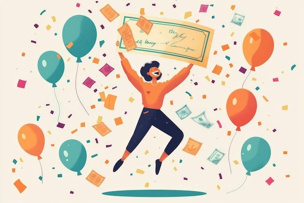 Person jumps for joy holding a giant check surrounded by balloons confetti and floating money in a festive celebratory atmosphere