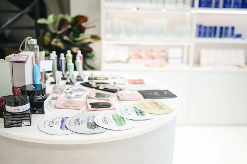 Wide selection of skincare and beauty products displayed in a modern retail setting.