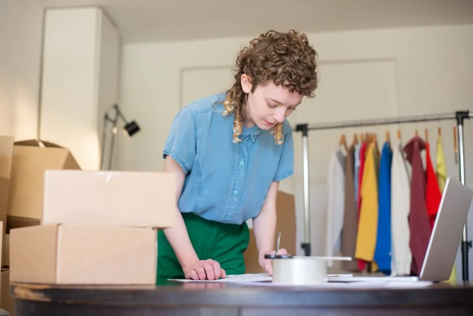 Woman packing online shop orders at home. Features boxes, clothing rack, and a laptop.