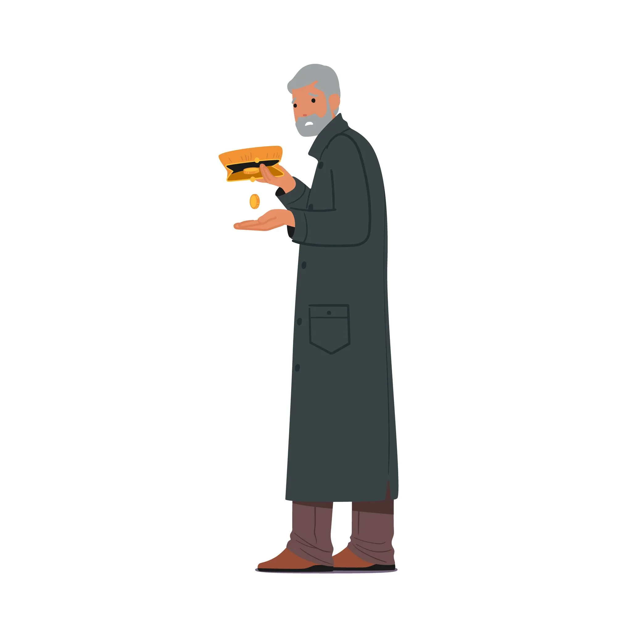 Poor Senior Male Character with Last Coin in Wallet Sad Bankrupt Bearded Old Man in Need Elderly Poverty Poorness