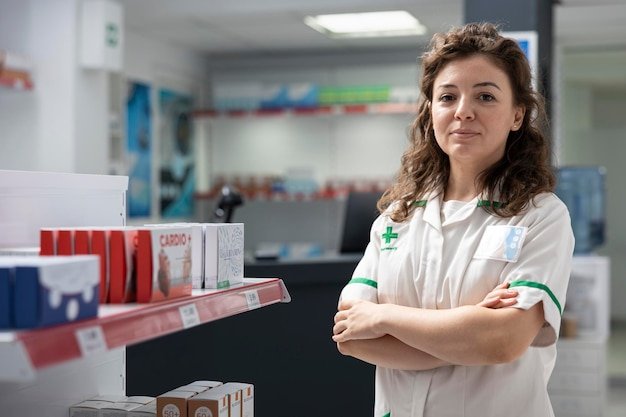 Portrait of confident pharmacy female staff standing in bright apothecary prepared to assist