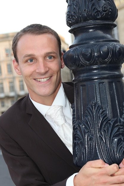 Portrait handsome man in suit tuxedo outdoor