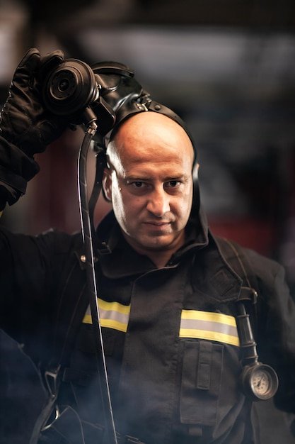 Portrait of male firefighter wearing mask standing in station