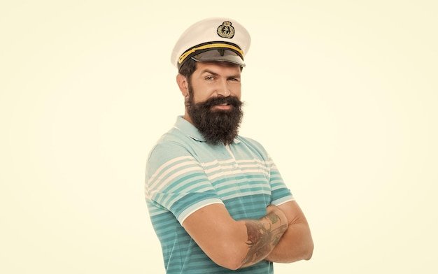 positive captain in hat isolated on white captain in hat at studio captain in hat on background