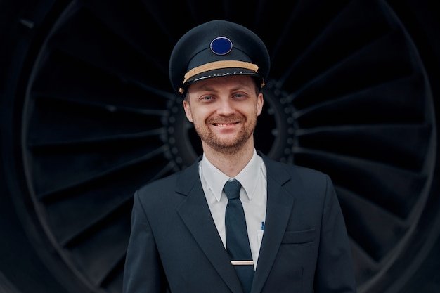 Profesol confident pilot is checking plane in hangar