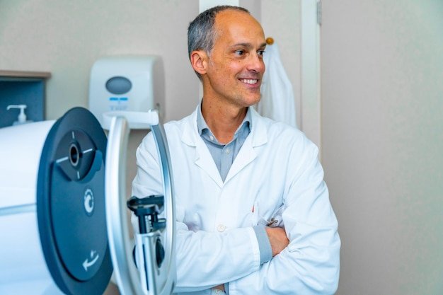 Proud ophthalmologist looking distracted next to an innovative laser machine