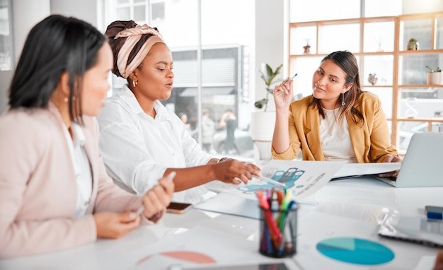 Reading charts teamwork or business people in meeting for company growth strategy review or innovation thinking in office Group of startup women for SEO schedule or planning calendar research