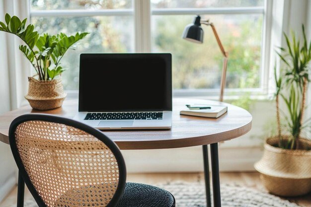 Scandinavian home decor of interior with creative wooden desk minimalist bookstand