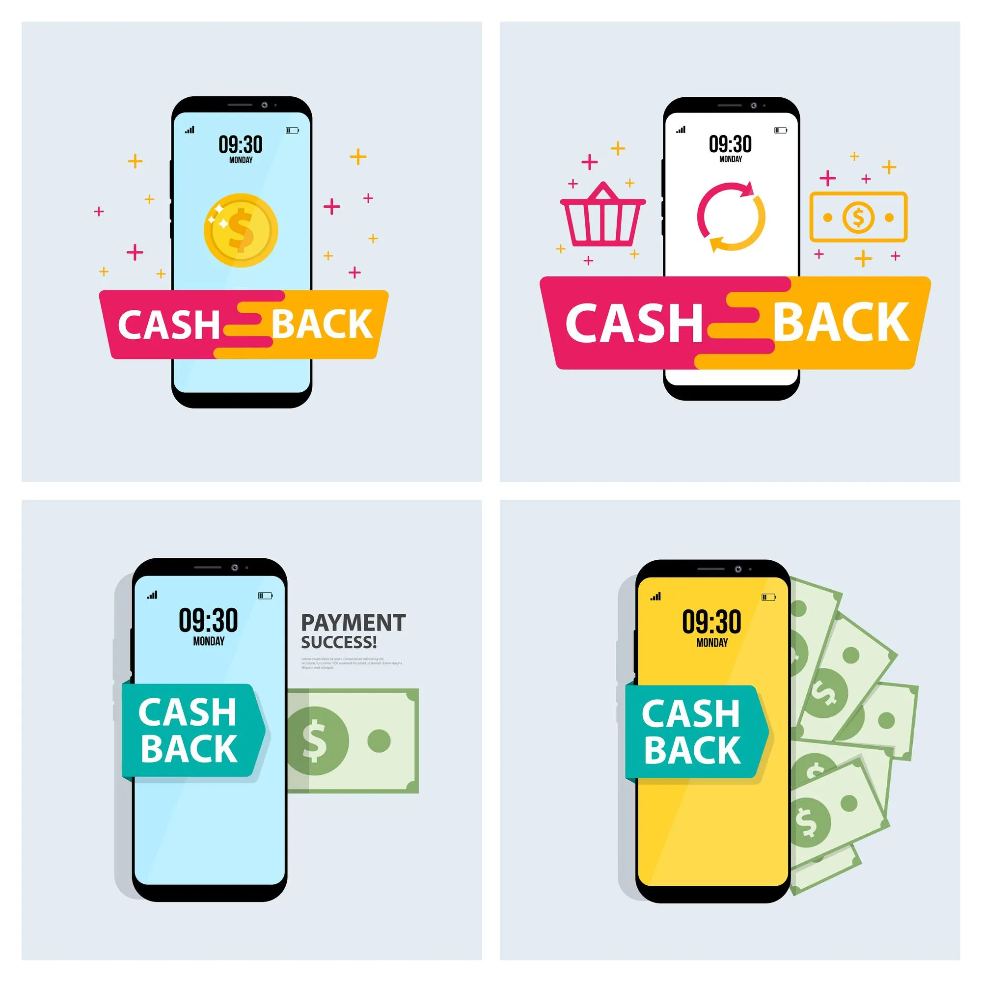 Set Cashback concept Saving money Money refund Pile coins and phone with button get started