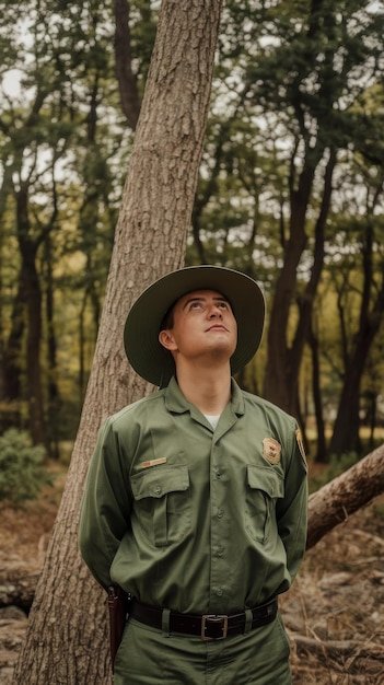 Side view forest warden looking at tree