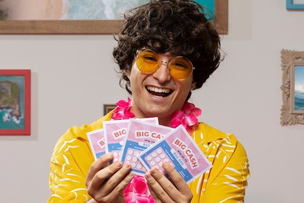 Smiley man holding lottery tickets front view