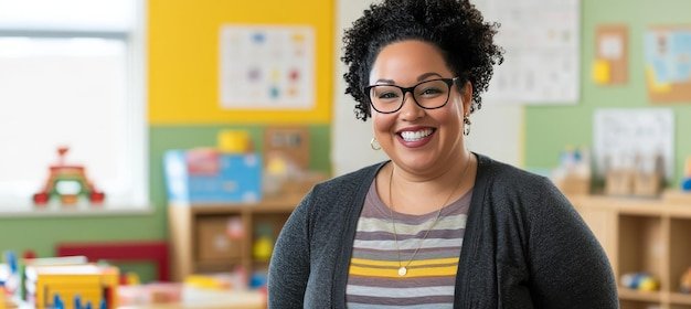 Smiling Confident Teacher in a Brightly Decorated Early Childhood Education Classroom