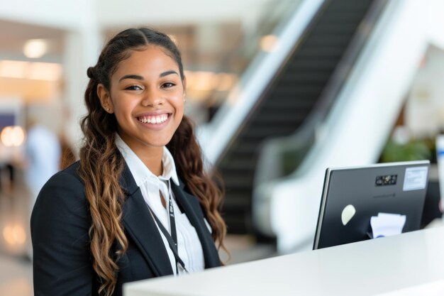 Smiling receptionist working at reception desk in modern office building lobby in the background