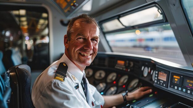 Smiling Train Driver in Uniform Inside the Cab