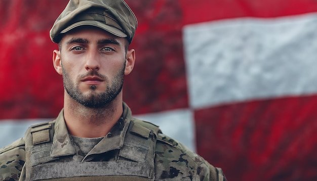 soldier with flag Portrait of a Male Soldier in Camouflage Uniform with Military Gear and Proud