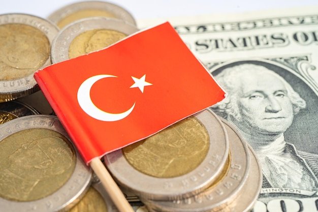 Stack of coins with Pakistan flag and US dollar banknotes