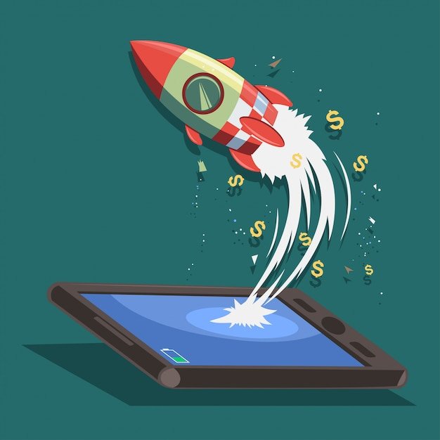 Startup  concept design. Rocket ship flies from a smartphone or tablet.  cartoon illustration of a successful launch business.