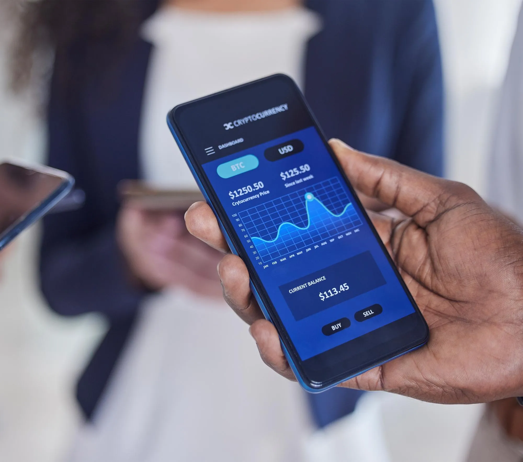 Stock market finance and hands with stats on a phone crypto growth and analytics online on a screen Investment trading and businessman showing mobile app for financial investing and exchange data