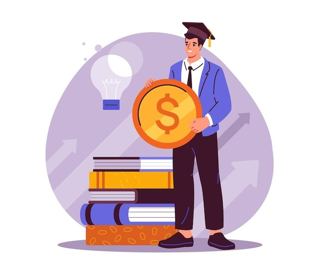 A student in graduation attire holds a gold coin near a stack of books with a glowing light bulb and