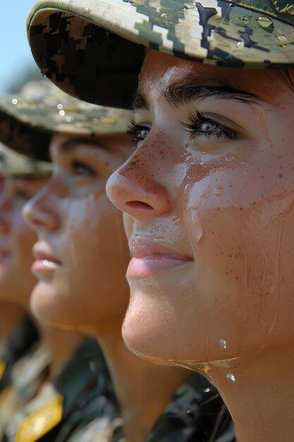 Stunning russian women in uniforms parade in the rain with makeup and officer hats