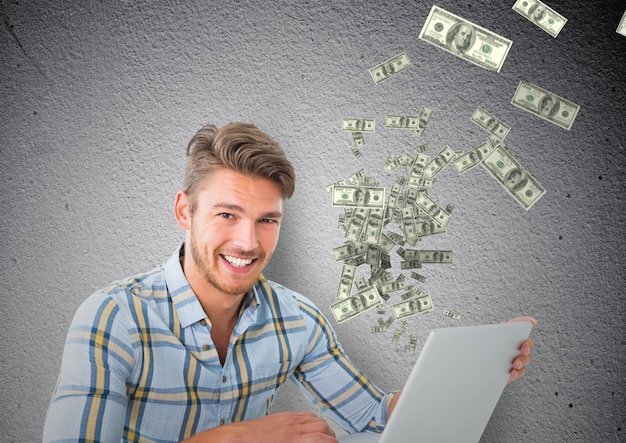 texting money. happy man with laptop,  money coming up from laptop