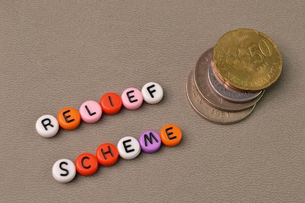 Top angle view of coins and alphabet beads with text RELIEF SCHEME