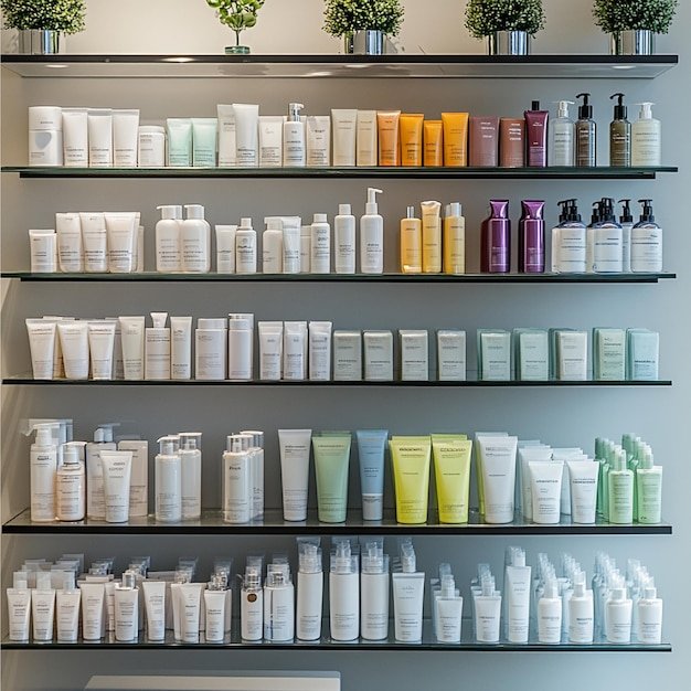 A variety of hair care products displayed on shelves in a salon or retail setting