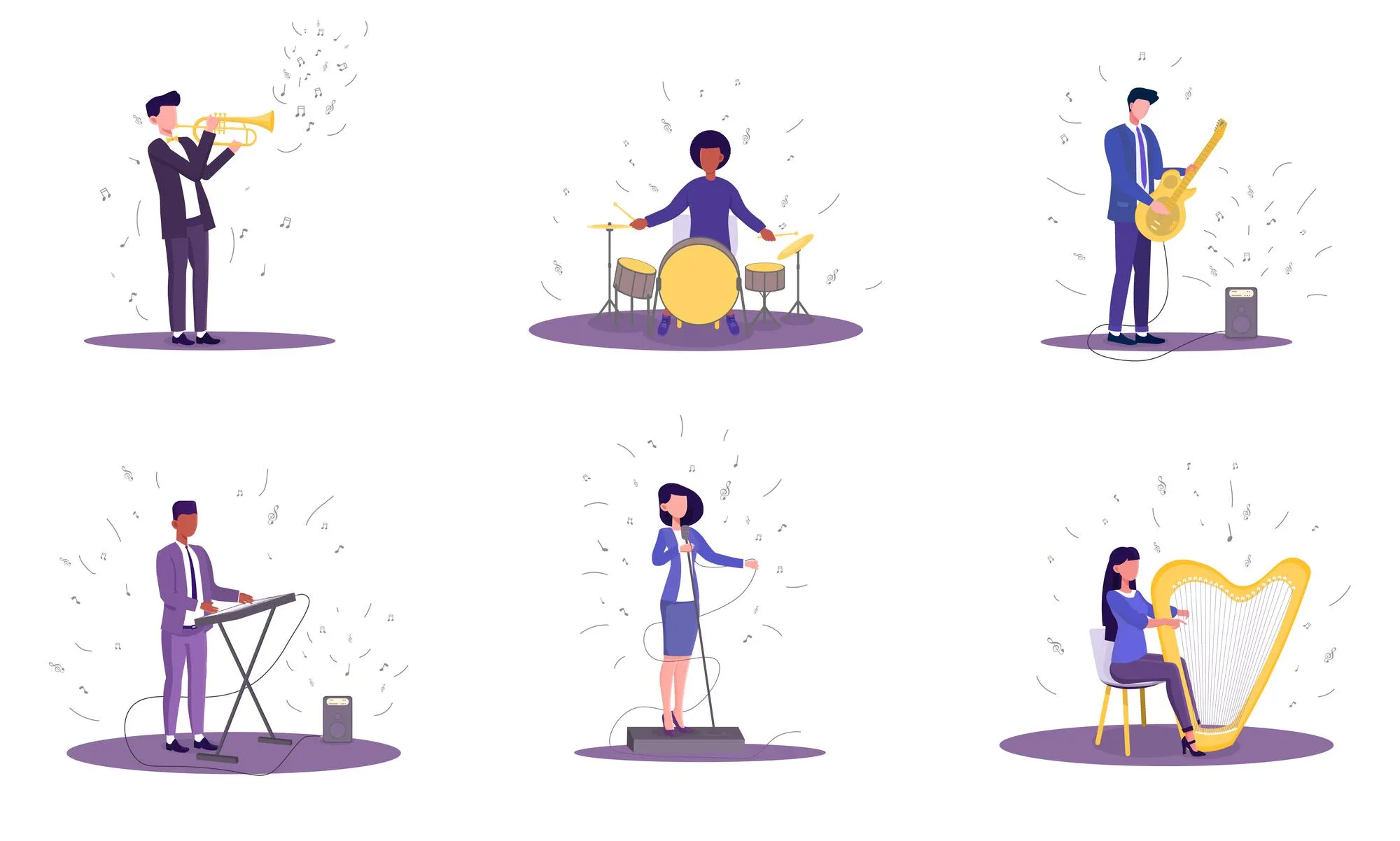 Vector illustration of group of musicians people playing on trumpet harp synthesizer guitar drums