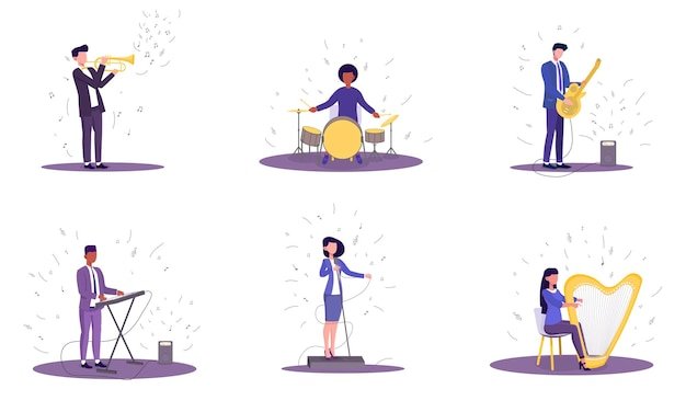 Vector illustration of group of musicians people playing on trumpet harp synthesizer guitar drums