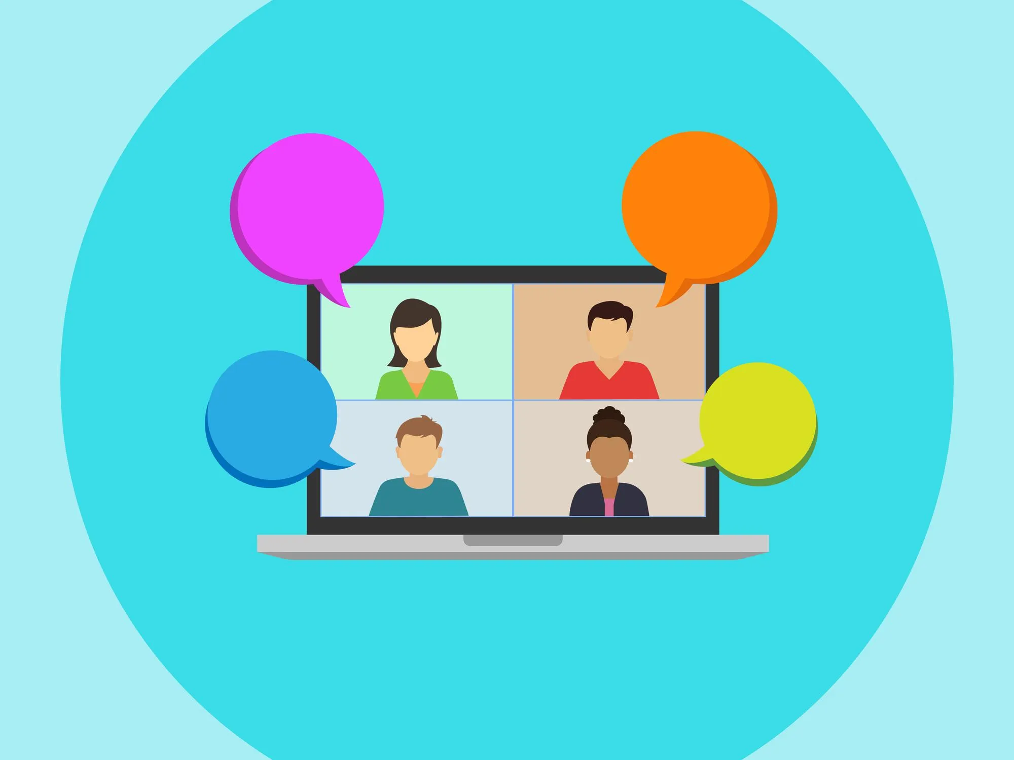 Video conference. The concept of remote work. A flat-screen laptop with a group of colleagues