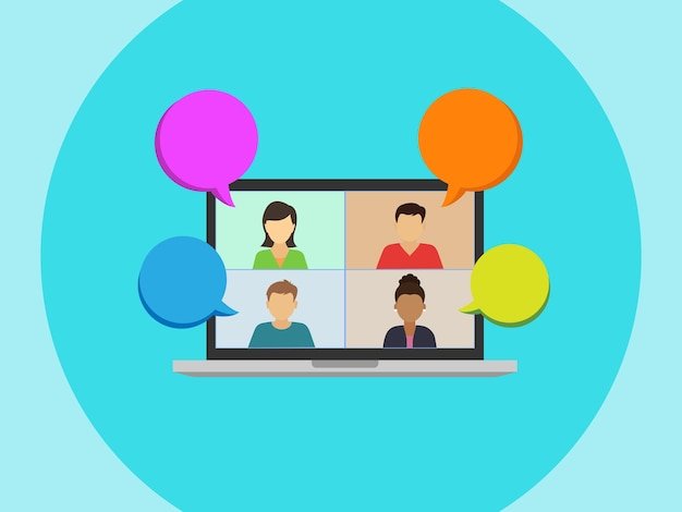 Video conference. The concept of remote work. A flat-screen laptop with a group of colleagues