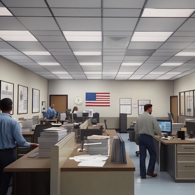 A visual of an immigration enforcement office with staff working on case files and documents