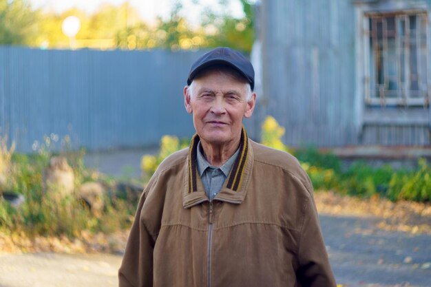 Walk positive enjoy sunny day weather stylish autumn jacket hot Portrait of an old man