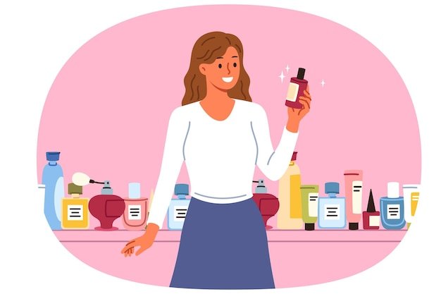 Woman cosmetologist chooses best lotion to remove wrinkles standing near assortment of cosmetics