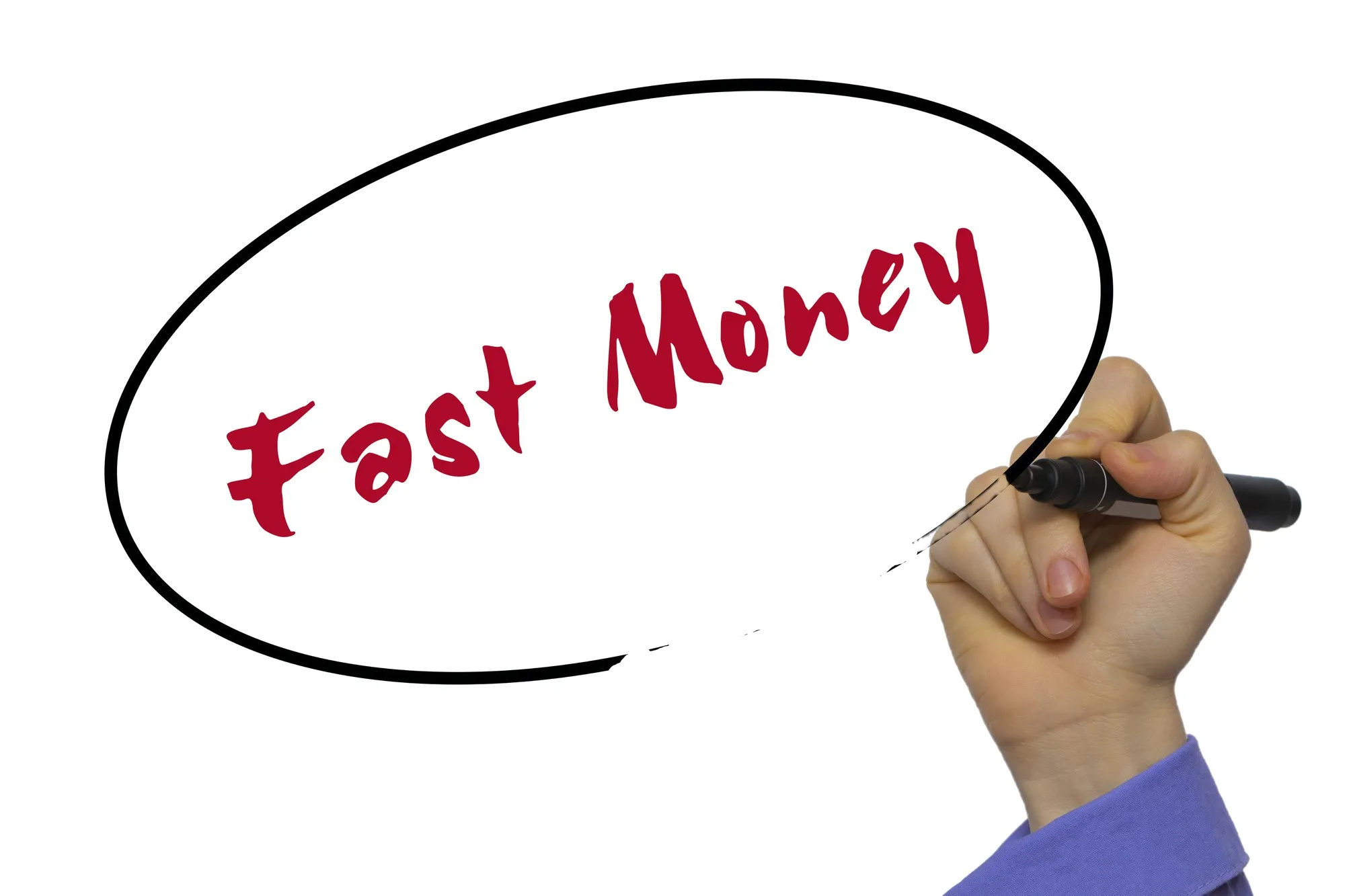 Woman Hand Writing Fast Money on blank transparent board with a marker isolated over white background. Business concept. Stock Photo