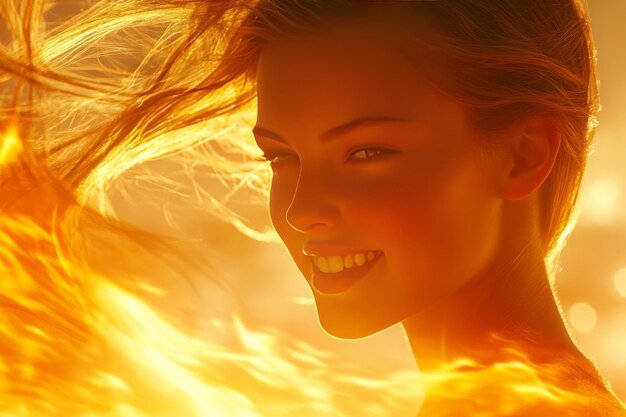 Woman surrounded by fiery orange light in a dynamic environment symbolizing energy passion and pers