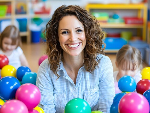 a woman with curly hair and a blue shirt is playing with balls in a classroom